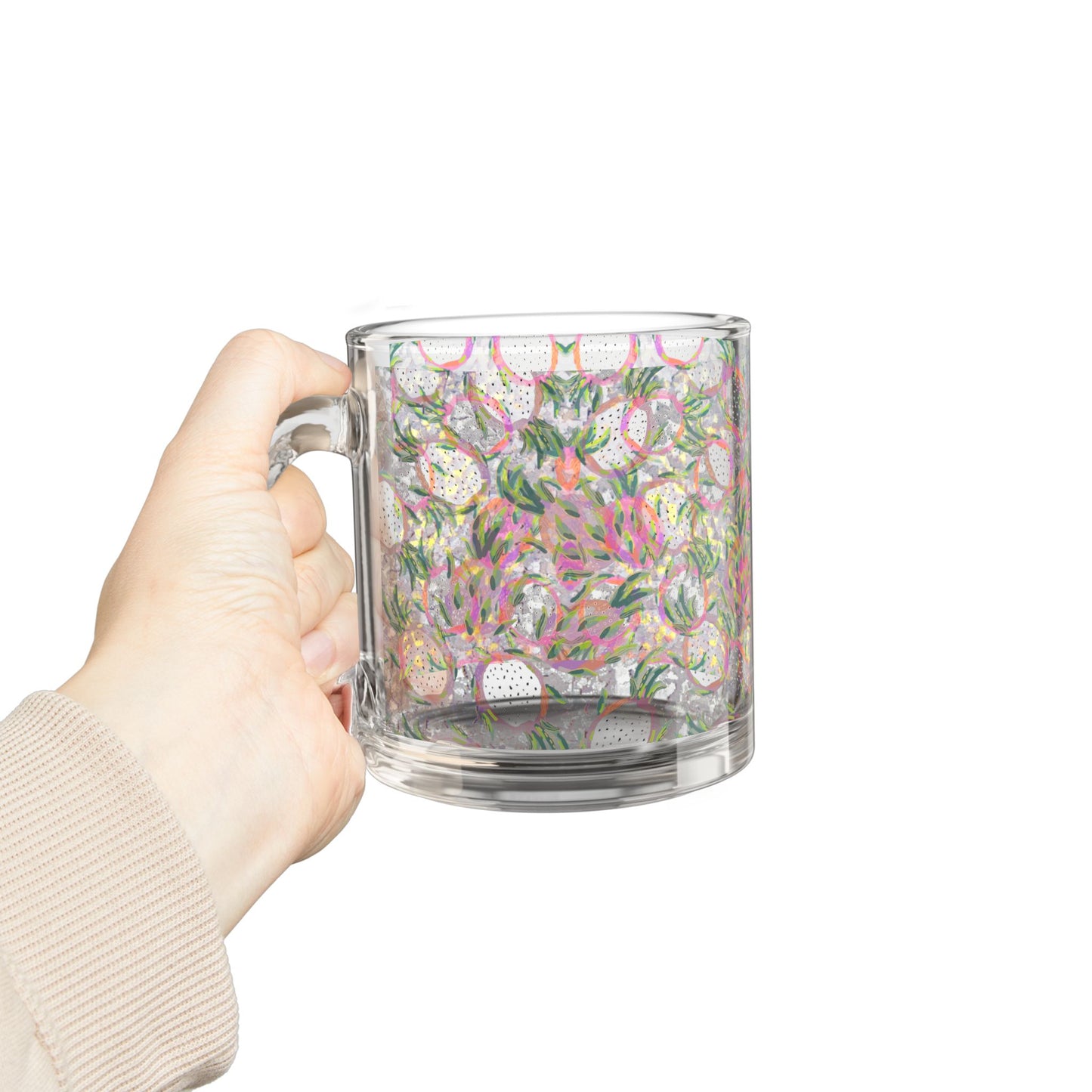 Exotic Fruit Pattern Glass Mug 10oz Clear Coffee Tea Cup