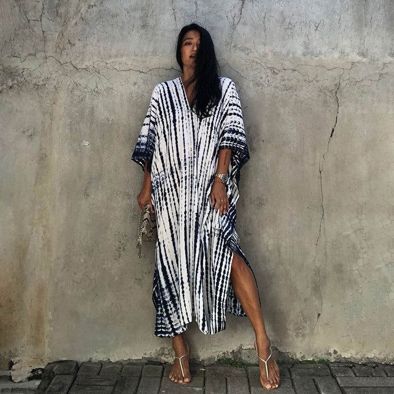 Cotton Ombre Beach Robe ¨C Loose Striped Bikini Cover-Up Dress, Vacation Maxi Kimono