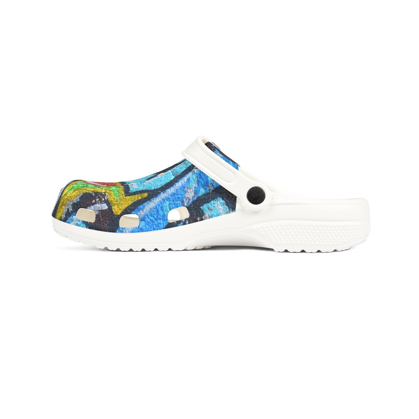 Graffiti Painted Cityscape EVA Clogs — Artistic Blue Graphic Foam Slip‑Ons