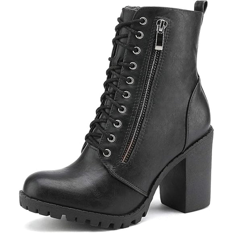Dream Pairs Womens 7 Black Faux Leather Combat Chunky Heel Lace Up Ankle Boots