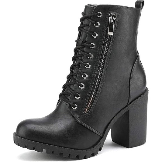 Dream Pairs Womens 7 Black Faux Leather Combat Chunky Heel Lace Up Ankle Boots