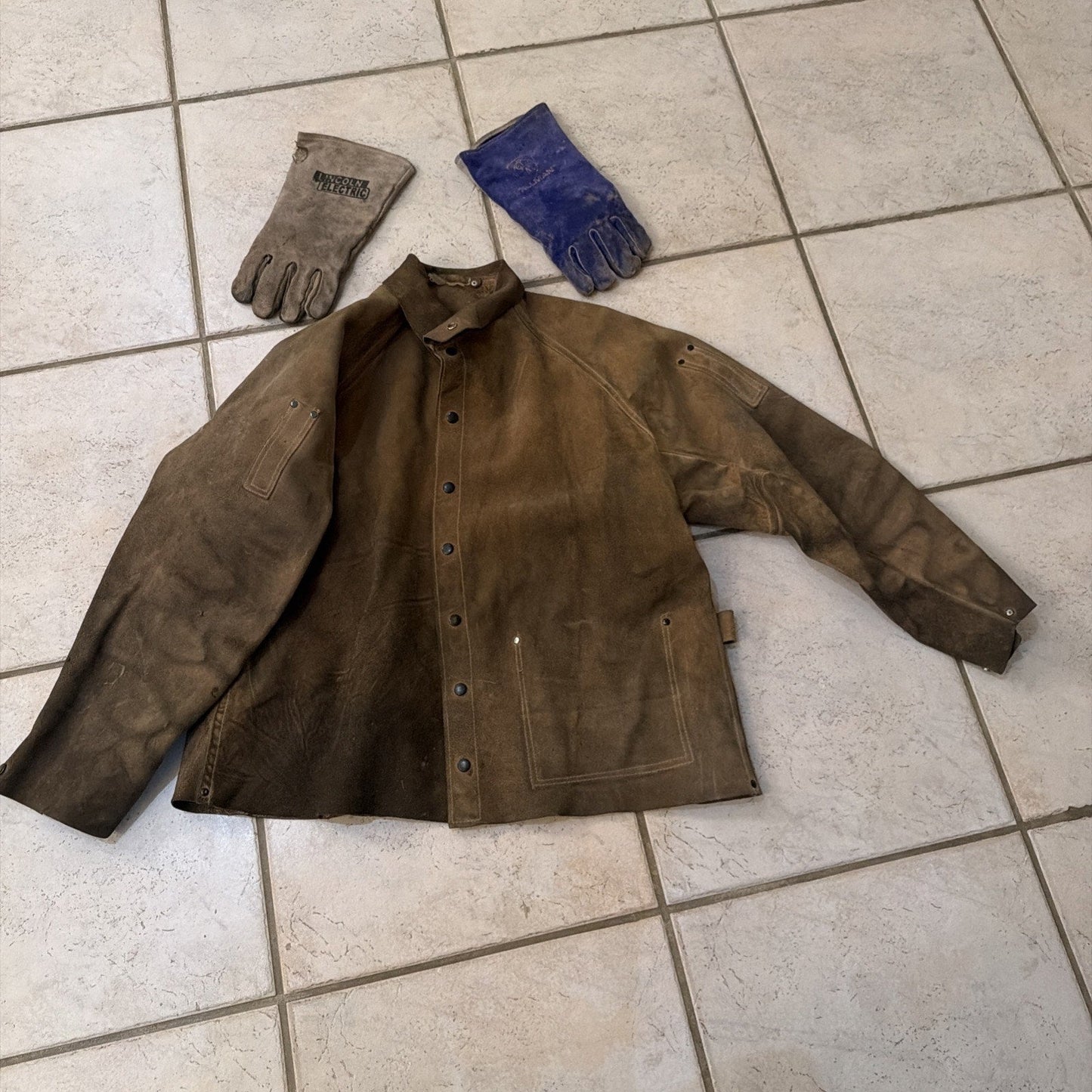 Leather Welding Jacket Coat w/ Gloves Lot Heavy Duty