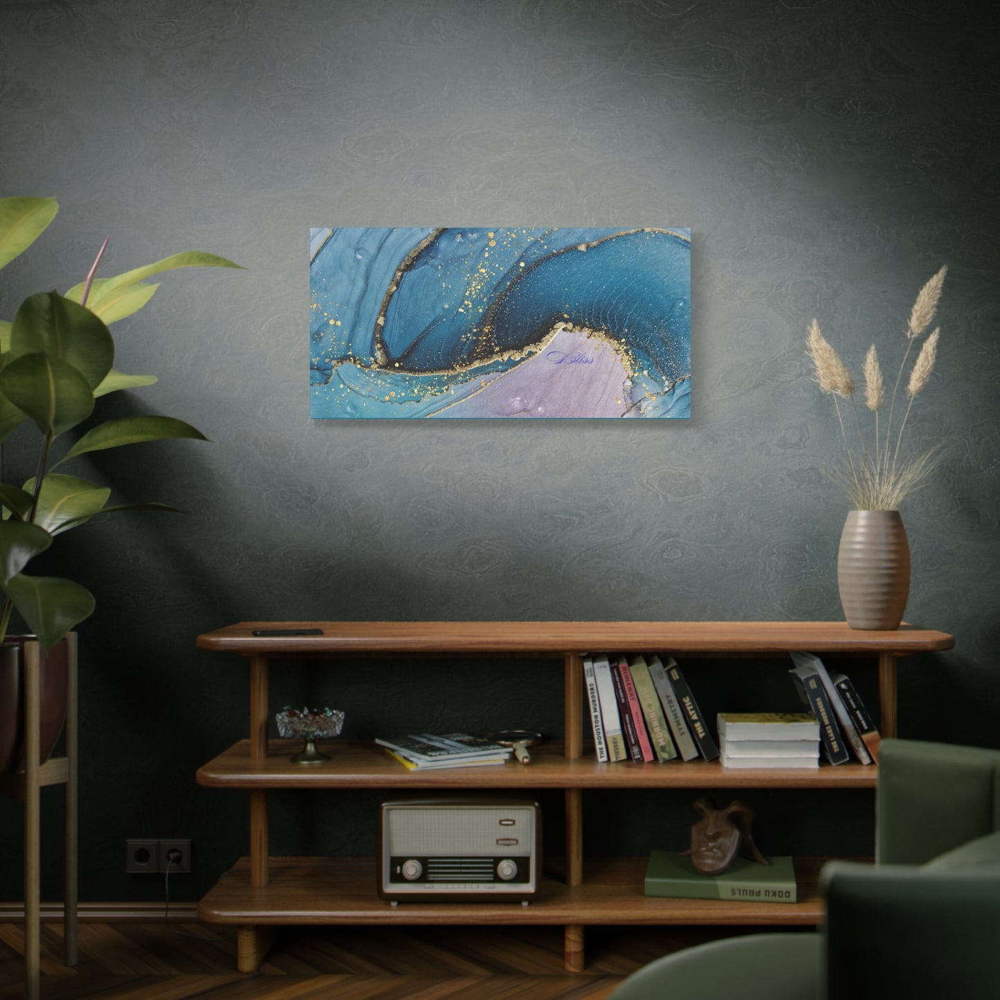 Canvas Wall Art, Abstract Ocean Wave, Modern Decor, Home Office, Gift for Her, Blue Gold Artwork, Living Room Wall Decor