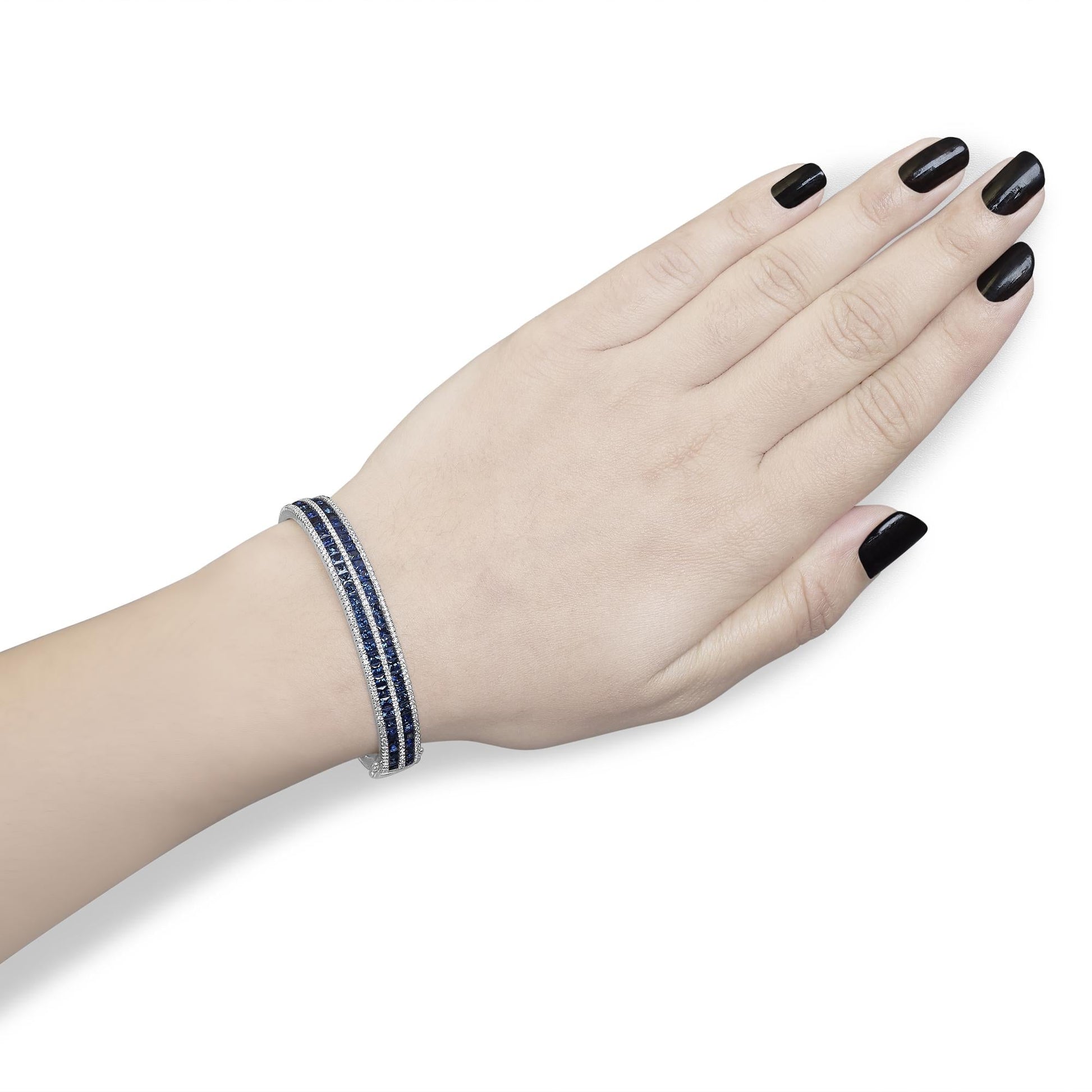 18K White Gold Alternating Diamond and 8.00 Cttw Princess Cut Blue Sapphire Multi Row Bangle Bracelet (G-H Color, VS1-VS2 Clarity) - 7" Inches-2