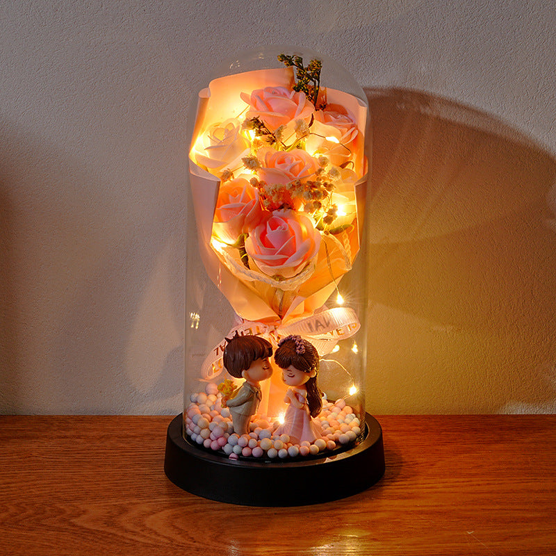 Eternal Rose Flower Bouquet Glass Dome Night Light Decoration Dried Flowers Baby's Breath Valentine's Day Gift for Her