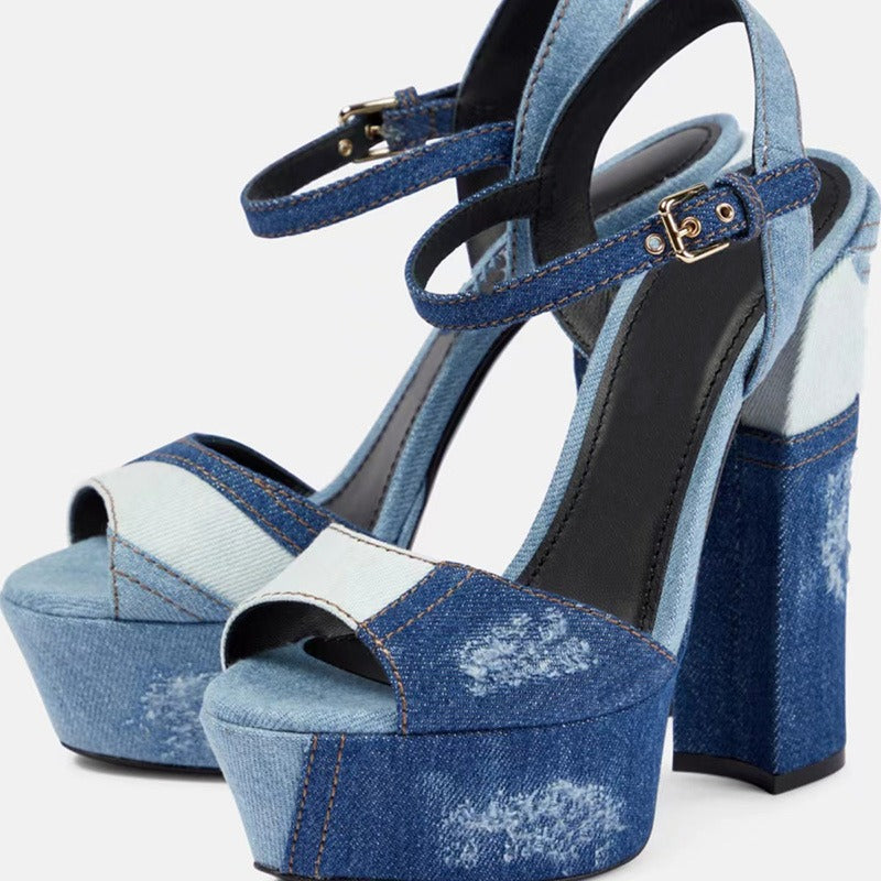 Denim Thick High Heel Sandals Sexy High Platform Chunky Heel Shoes