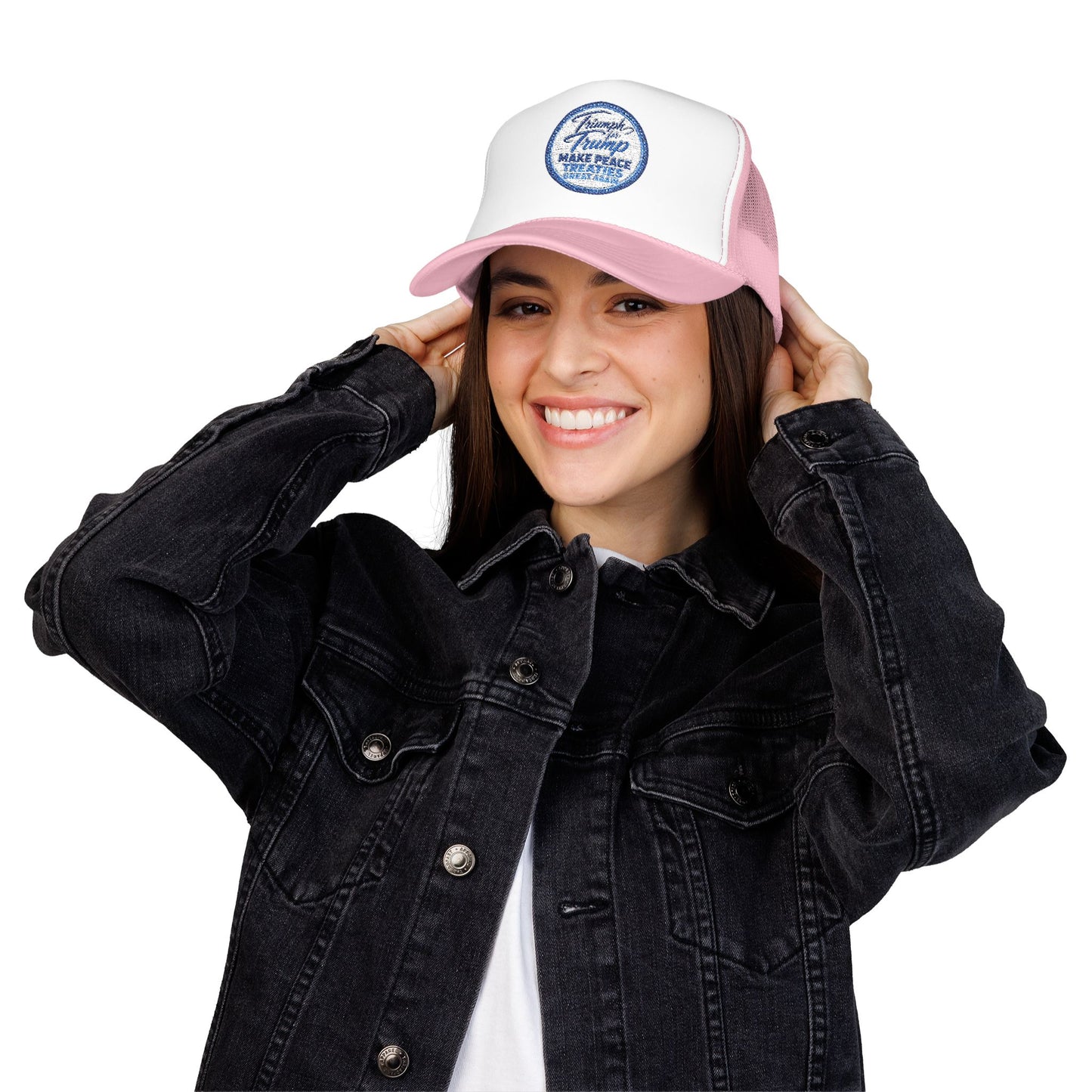 "Triumph for Trump: Make Peace Treaties Great Again" ✨EMBROIDERED Foam Trucker Hat — Vintage Trump Campaign Patch, Only @ LuxeByMimi✨
