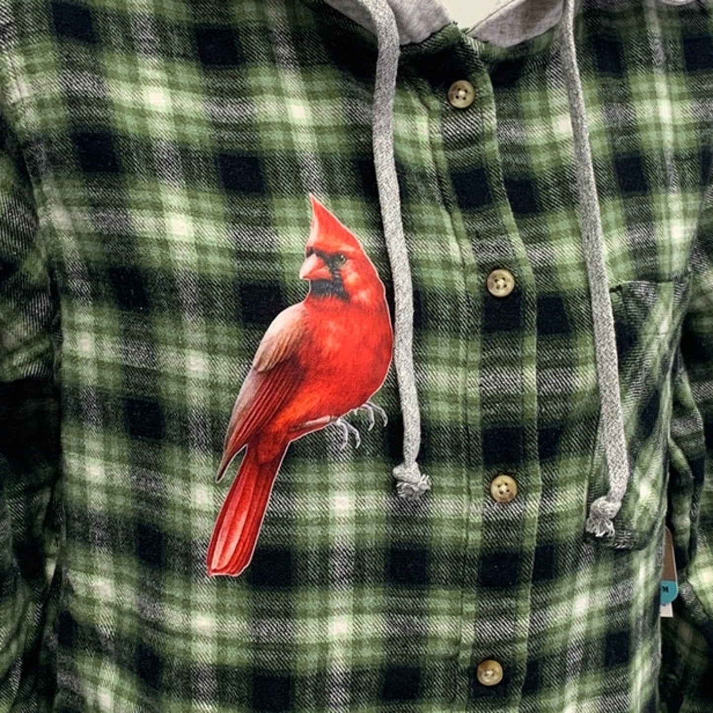 New Hand Printed Women XXL Red Cardinal Bird Plaid Flannel Long Sleeve Hoodie