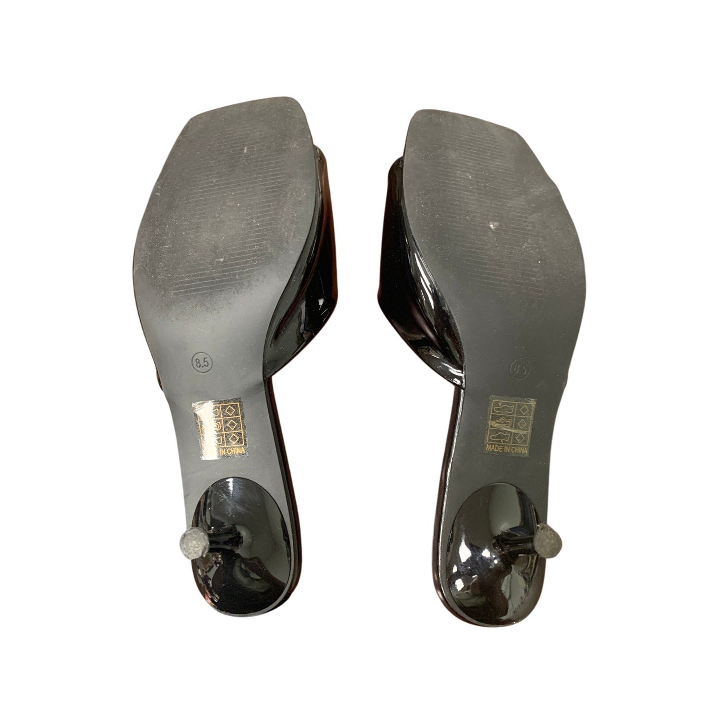 Lullasong Womens 8.5 Black Patent Leather Slide On Open Toe 2.5" Kitten Heels