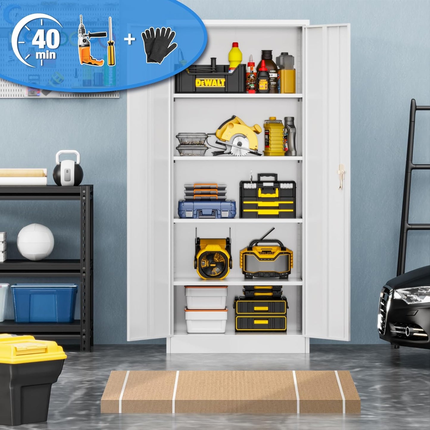 SUPEER Metal Storage Cabinet With 2 Door And 4 Adjustable Shelves,180CM Tall Steel Cabinet For Warehouse,Garage,Home,Office,Easy Assemble Required White