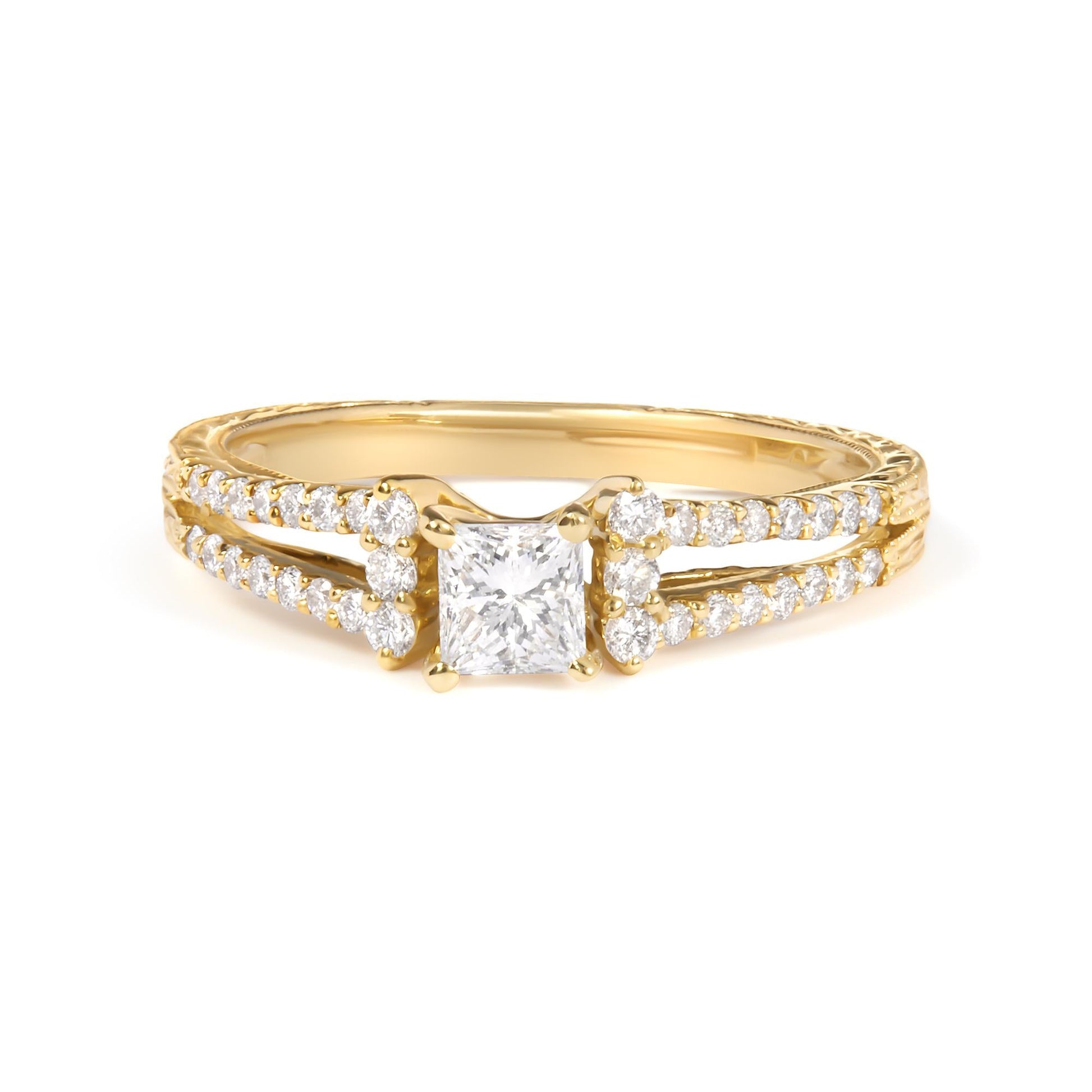 14K Yellow Gold Diamond 5/8 Cttw Princess Diamond Split Shank and Milgrain Engagement Ring (G-H Color, VS2-SI1 Clarity) - Size 7-3
