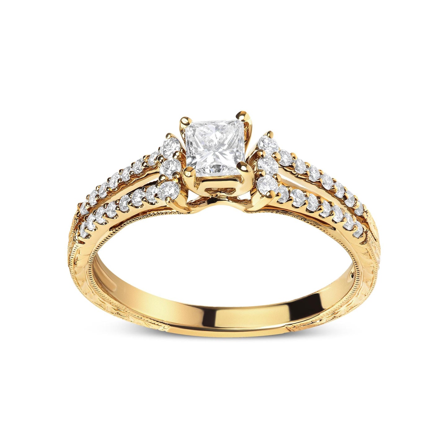 14K Yellow Gold Diamond 5/8 Cttw Princess Diamond Split Shank and Milgrain Engagement Ring (G-H Color, VS2-SI1 Clarity) - Size 7-0