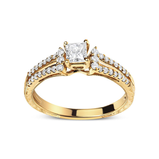 14K Yellow Gold Diamond 5/8 Cttw Princess Diamond Split Shank and Milgrain Engagement Ring (G-H Color, VS2-SI1 Clarity) - Size 7-0