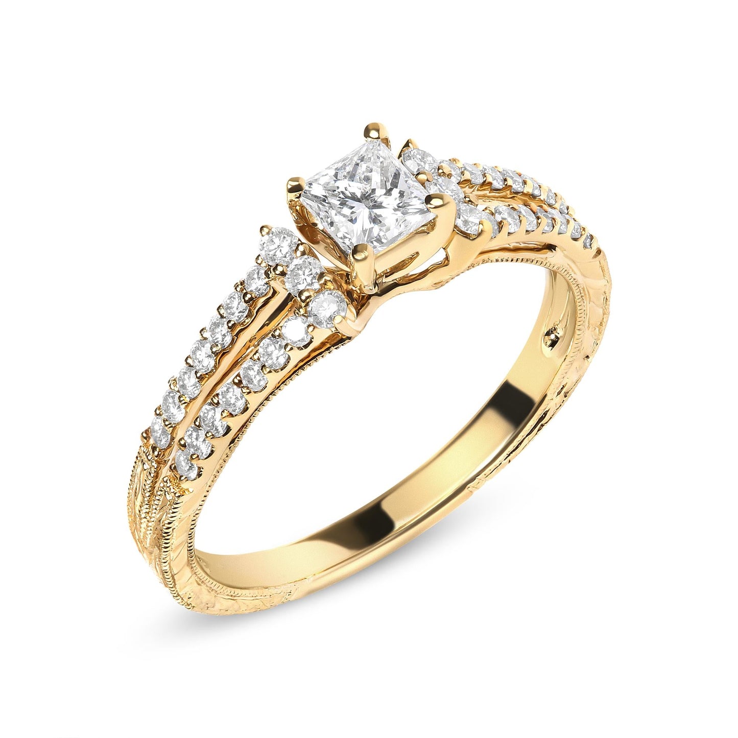 14K Yellow Gold Diamond 5/8 Cttw Princess Diamond Split Shank and Milgrain Engagement Ring (G-H Color, VS2-SI1 Clarity) - Size 7-1