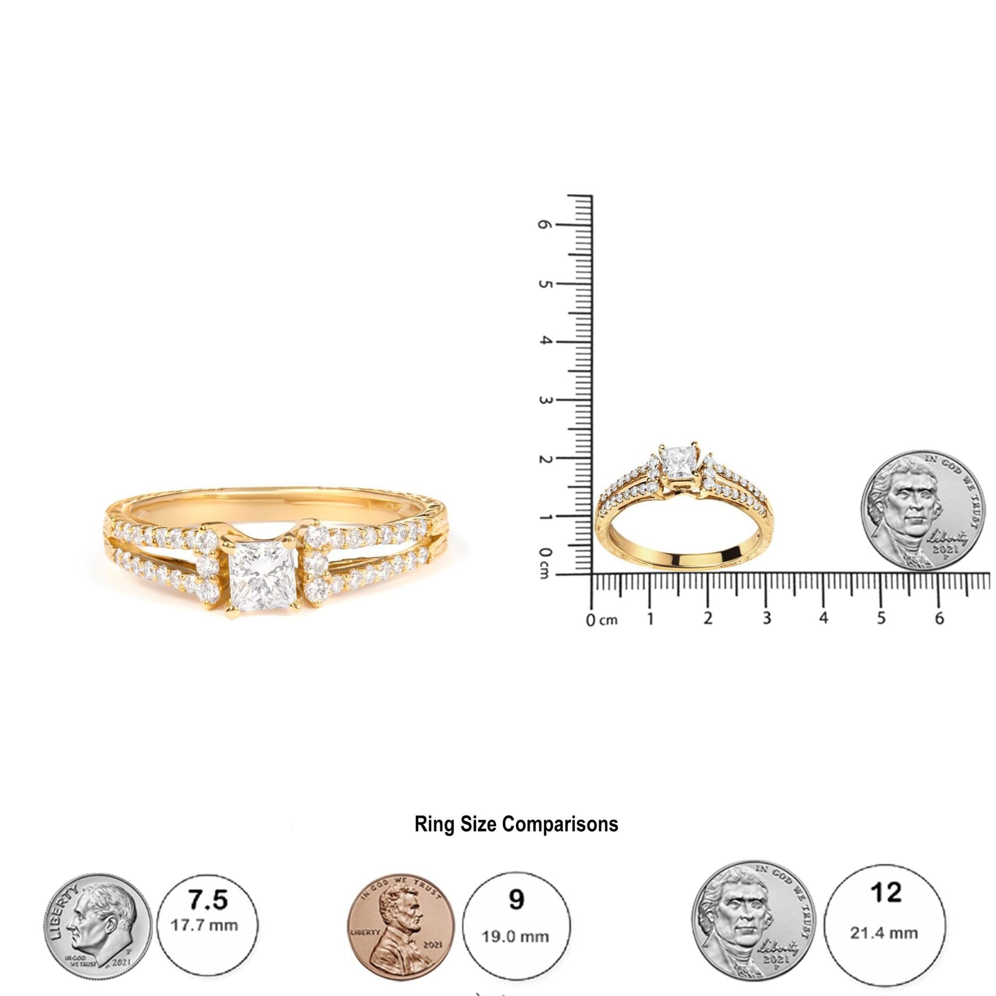 14K Yellow Gold Diamond 5/8 Cttw Princess Diamond Split Shank and Milgrain Engagement Ring (G-H Color, VS2-SI1 Clarity) - Size 7-4