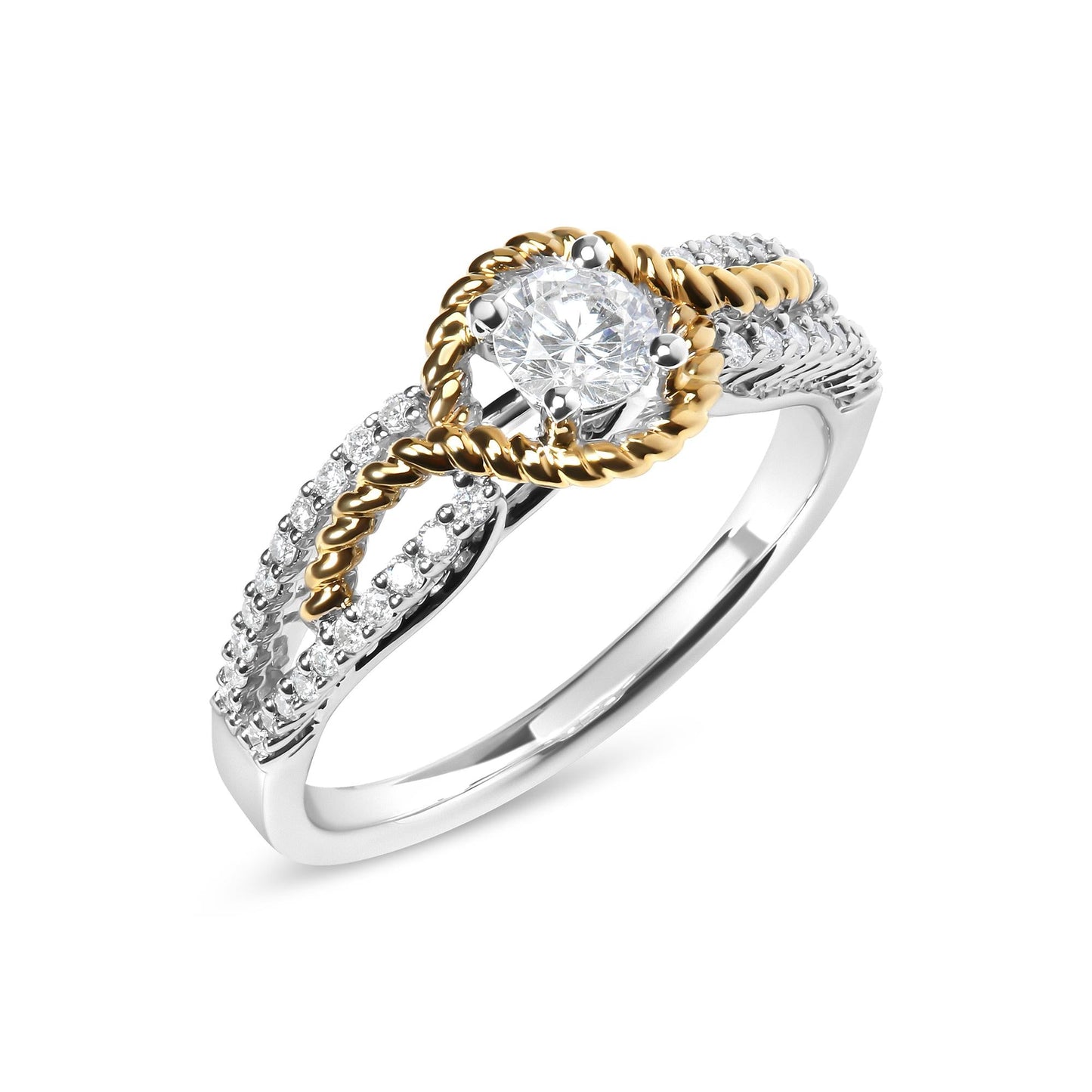 14K Two-Toned Gold Diamond 3/8 Cttw Diamond Split Shank and Beaded Halo Engagement Ring (G-H Color, VS2-SI1 Clarity) - Size 7-3