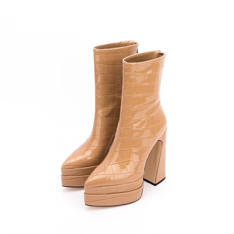 Women's Autumn and Winter New European and American Fashion Stone Pattern Thick High-heeled Thick-soled Pointed Ankle Boots