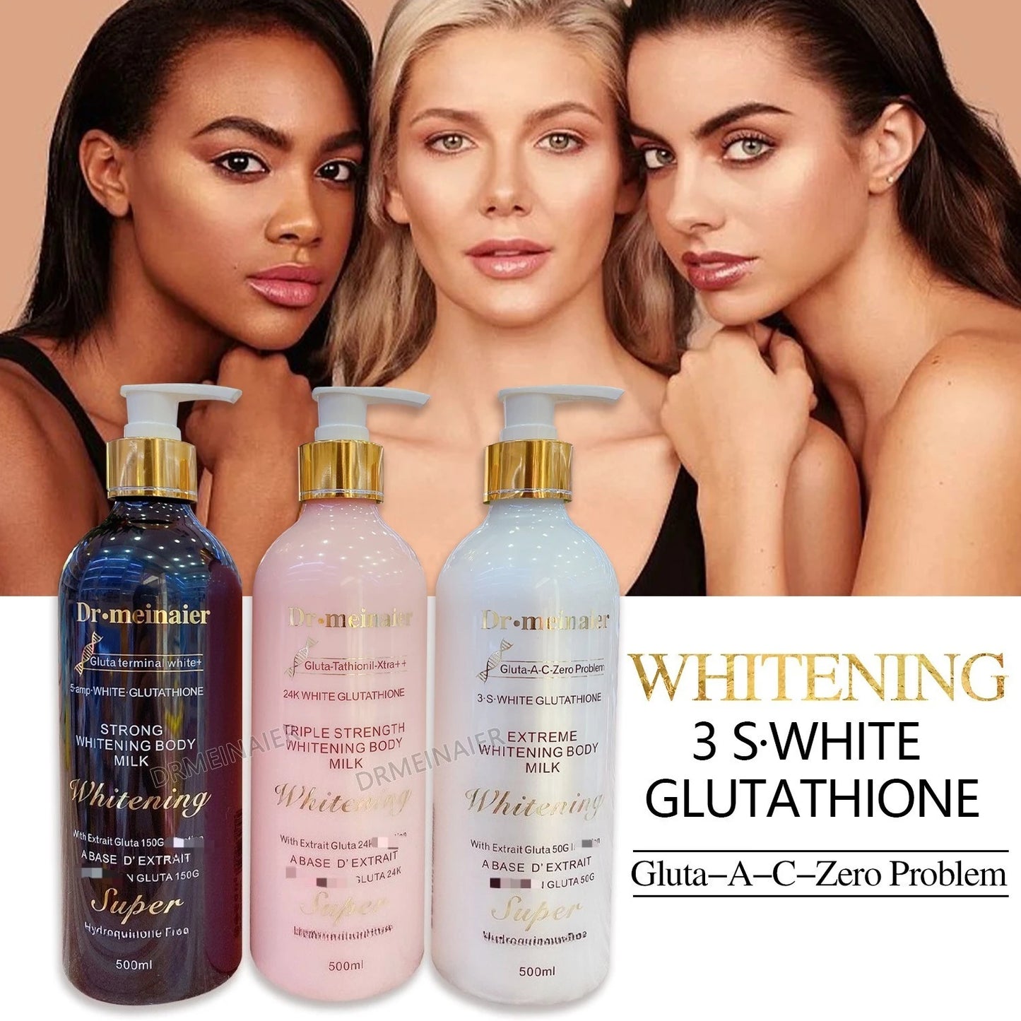 Three women with bottles of Dr. Meinauer Whitening 3 S-White Glutathione products. 24K Gold Glutathione Whitening Body Lotion Moisturizing Brightening and Firming Body Cream