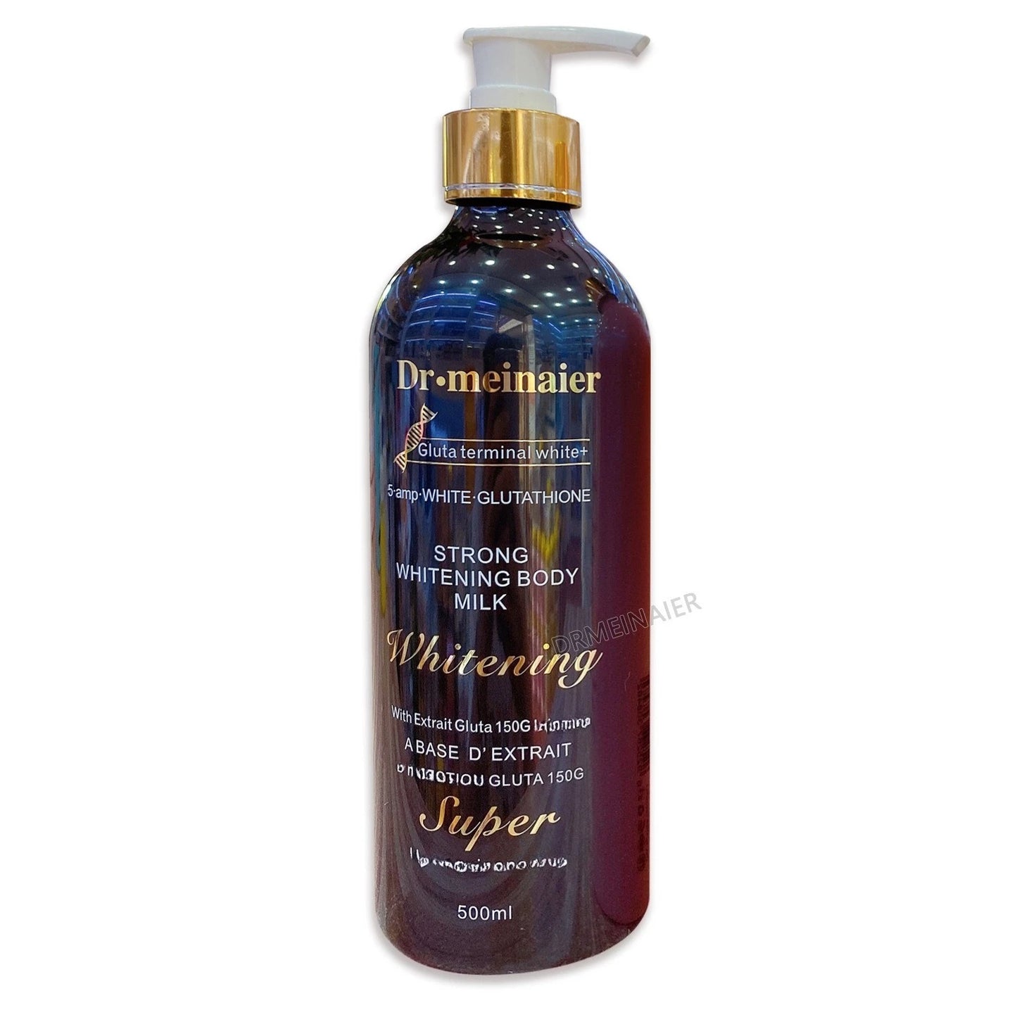Bottle of Dr. Meinaier Strong Whitening Body Milk on a white background 24K Gold Glutathione Whitening Body Lotion Moisturizing Brightening and Firming Body Cream 24K Gold Glutathione Whitening Body Lotion Moisturizing Brightening and Firming Body Cream