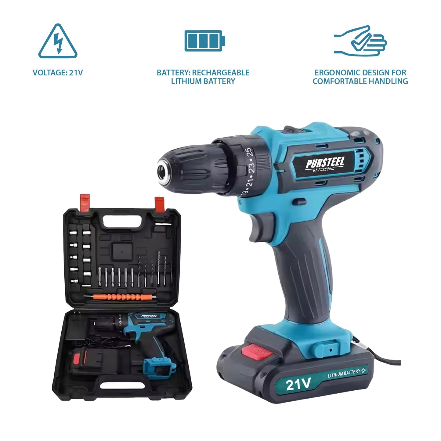 Pursonic 21V Rechargeable Cordless Drill 24 Piece Set – Compact Power for Home & DIY Projects-1