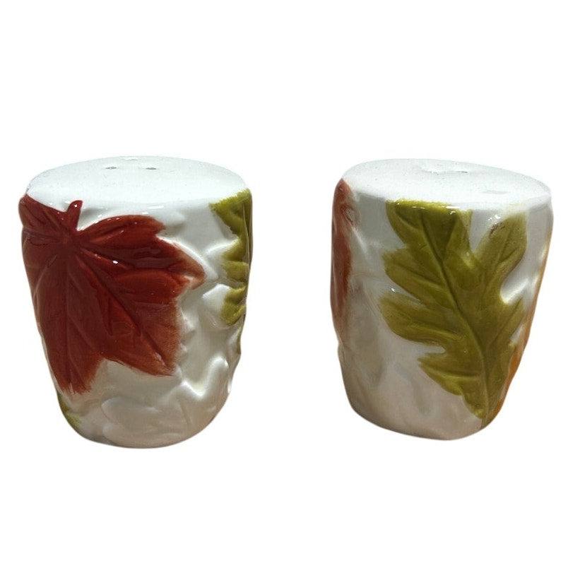 Vintage Red Green Gold Yellow Fall Leaf White Ceramic Salt & Pepper Shaker Set