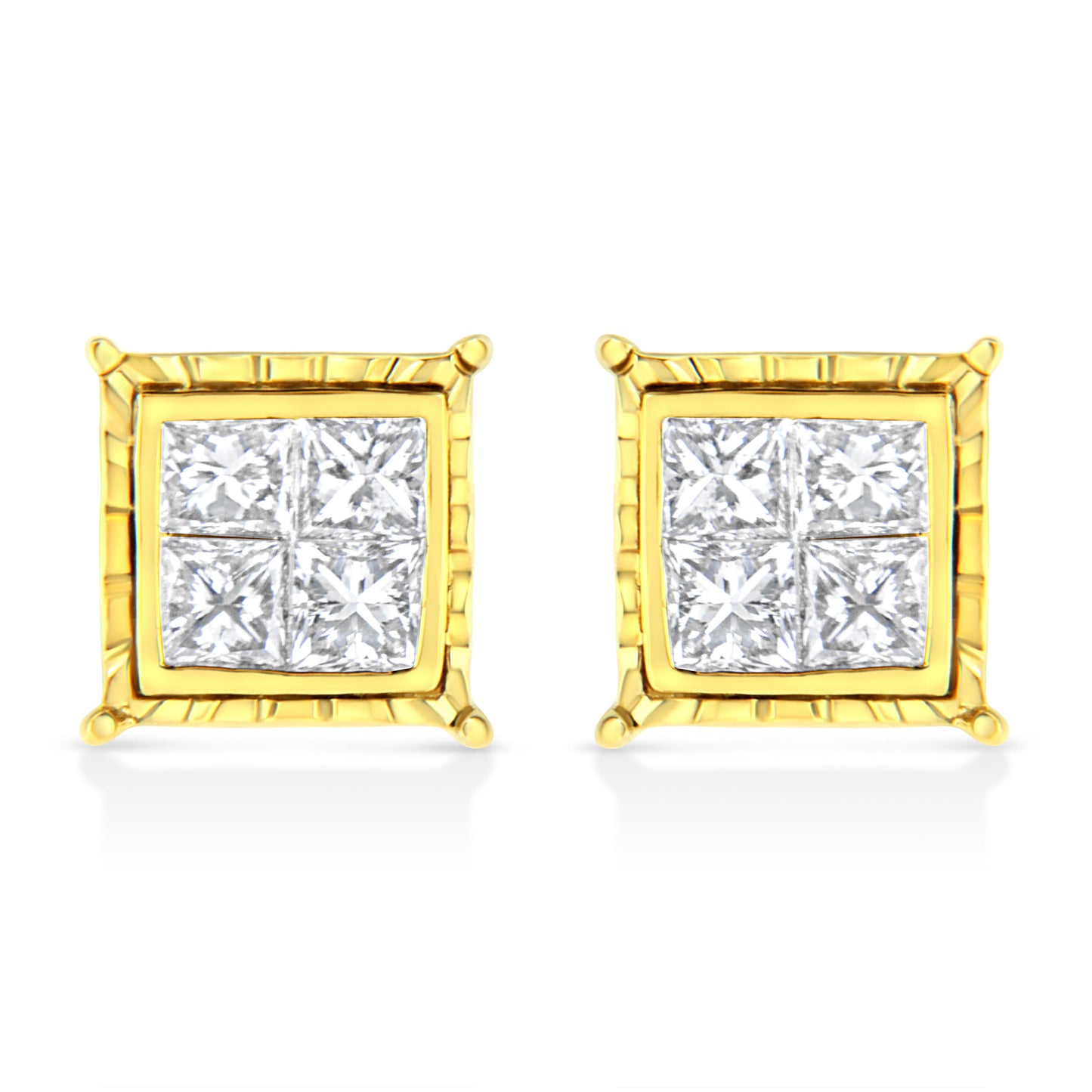 14K Yellow Gold 1.0 Cttw Invisible Set Princess-Cut Diamond Composite 8 Stone Stud Earrings (I-J Color, SI1-SI2 Clarity)