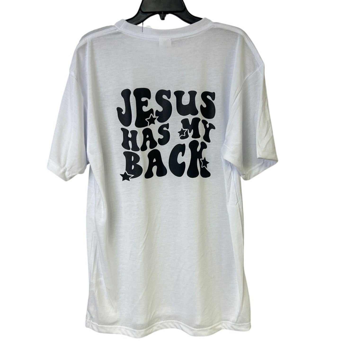 New Hand Printed Mens 2XL White Jesus Has My Back Short Sleeve Tee Shirt