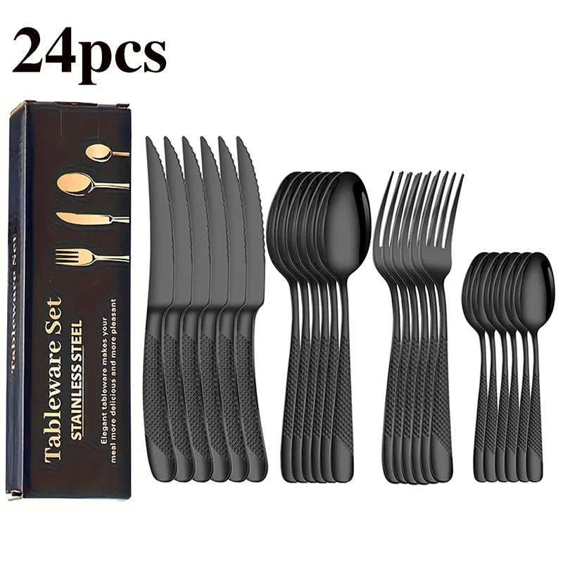 24-piece black cutlery set with packaging on a white background