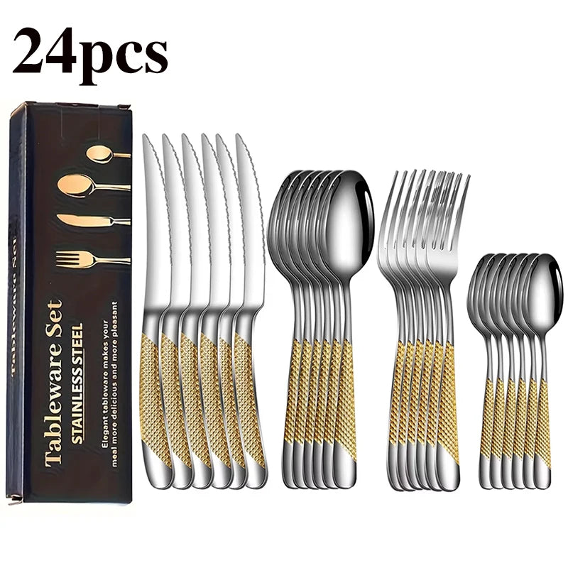 Set of 24 stainless steel tableware with gold accents, including forks, knives, and spoons, displayed with packaging.