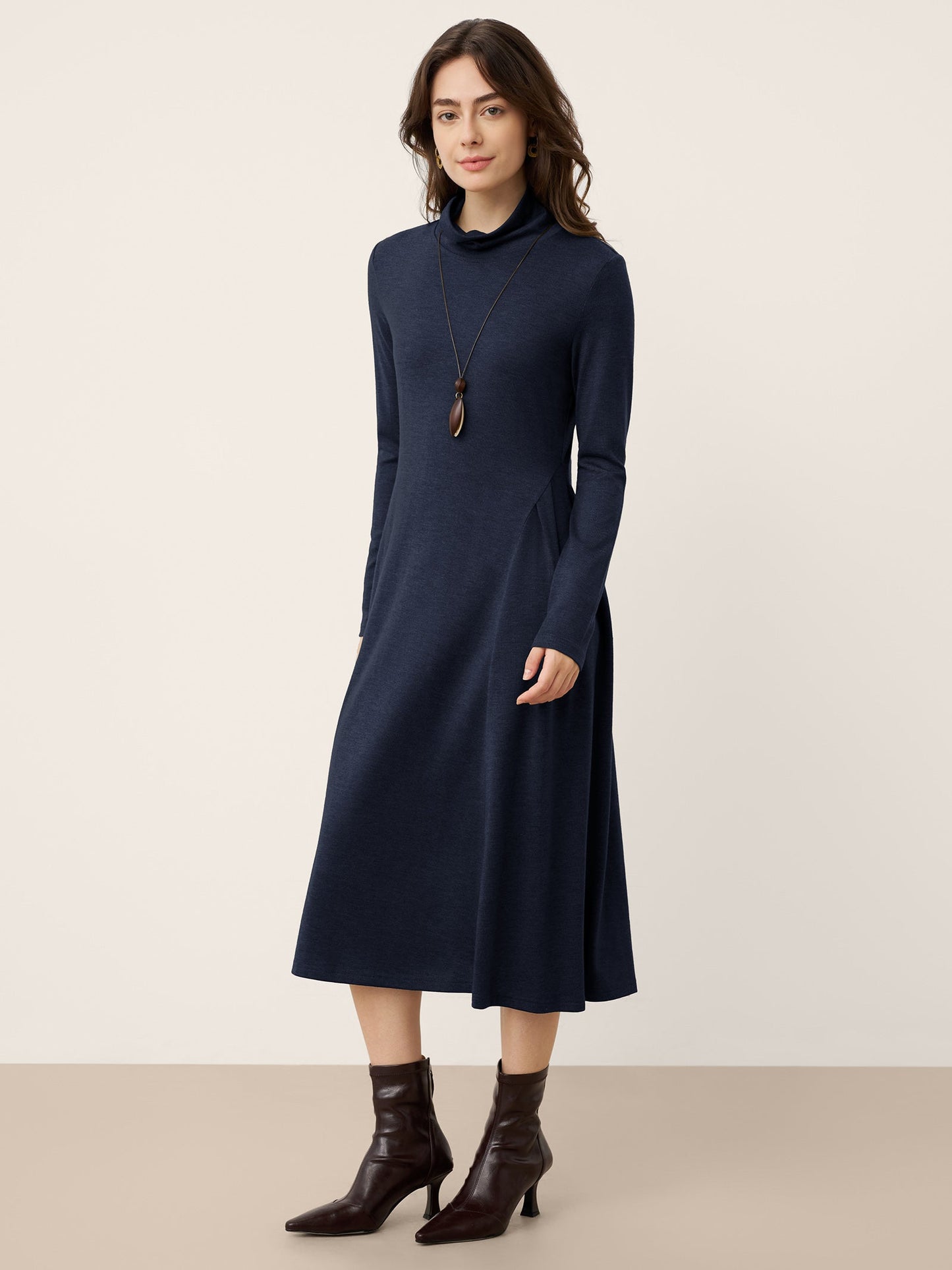 Wool Sculpted Pleats Turtleneck Midi Dress BRIAR