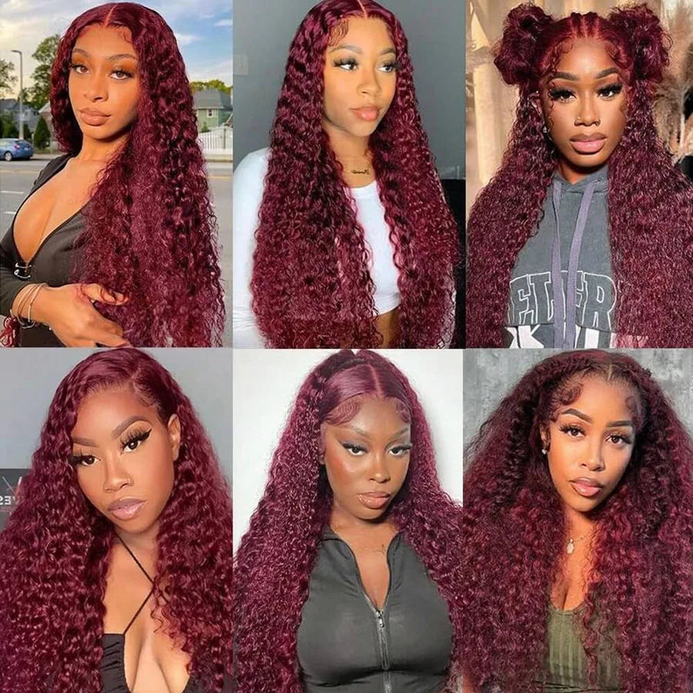 Collage of a woman with burgundy hair styled in different ways.