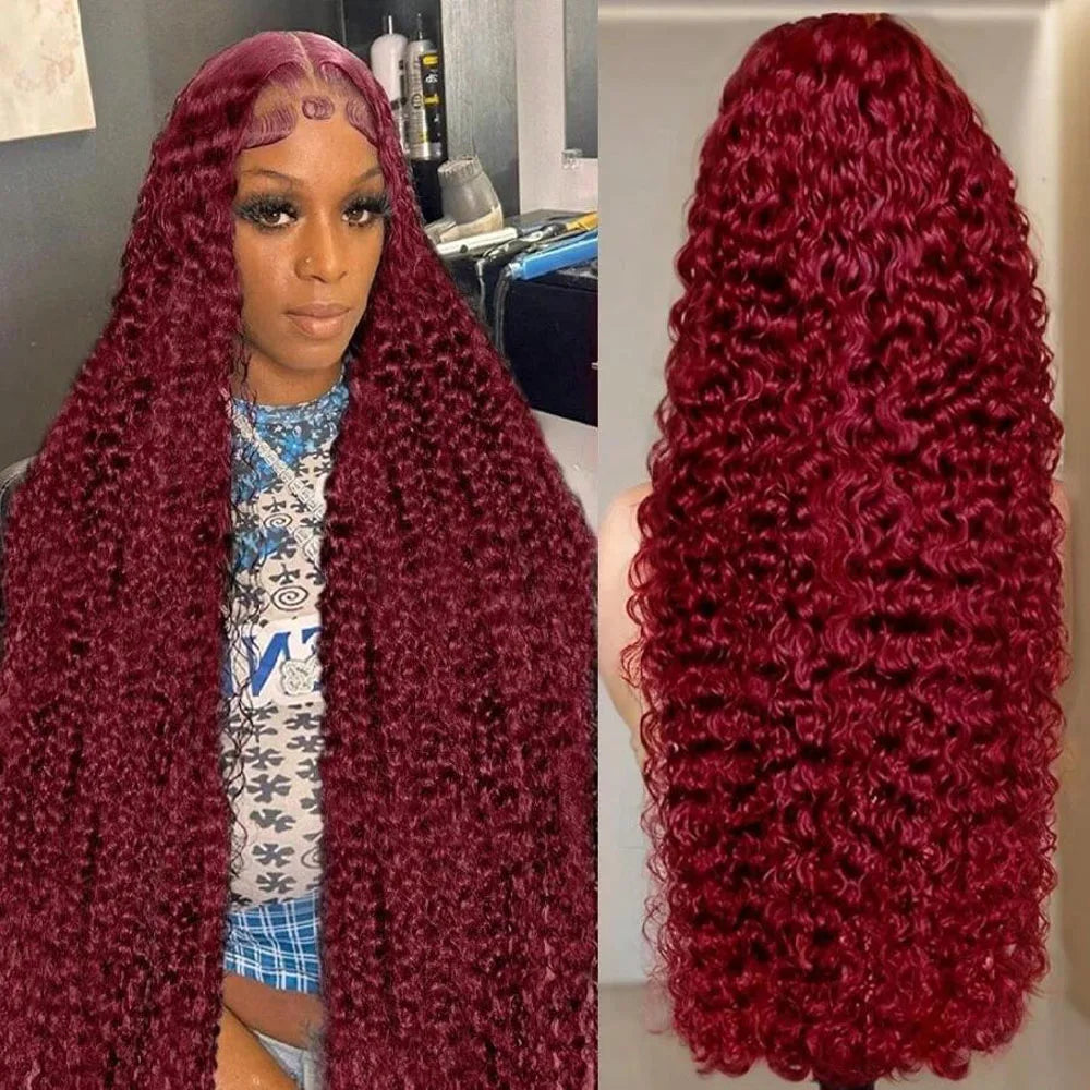 Red curly hair extensions shown on a person and close-up on a white background.