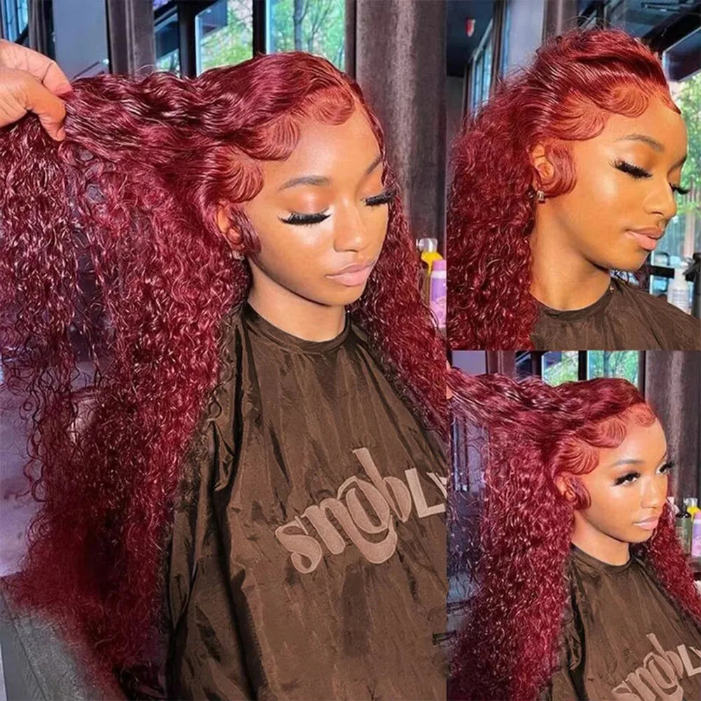 Person with red hair styled in a wig, wearing a brown shirt with visible text.