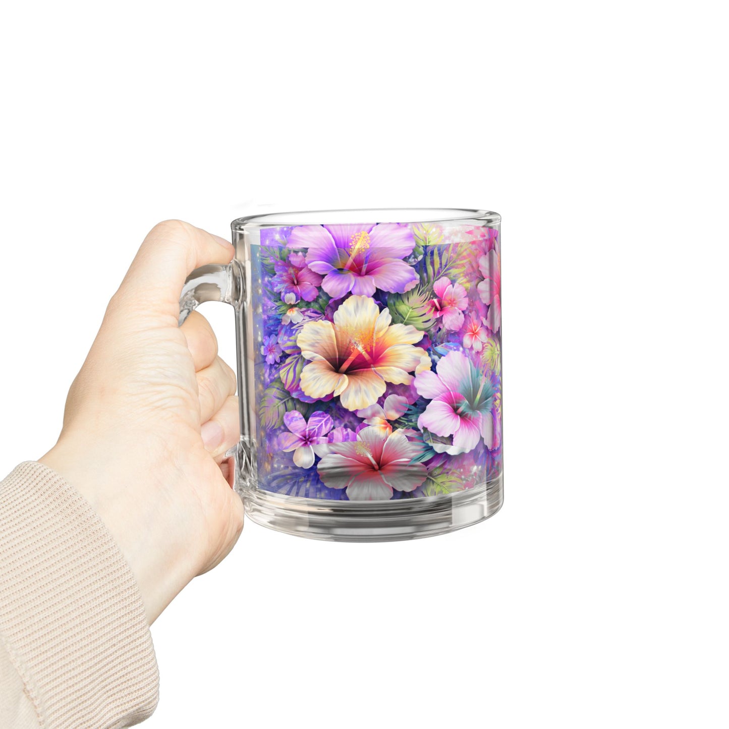 Pastel Tropical Hibiscus Floral Glass Mug 10oz