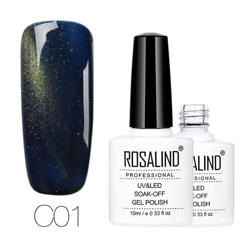 Rosalind gel polish bottle with a green glittery nail and black cap on a white background