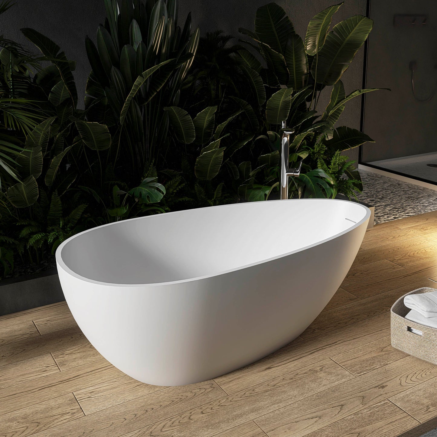 59 Inch Freestanding Egg Shape Solid Surface Bathtub