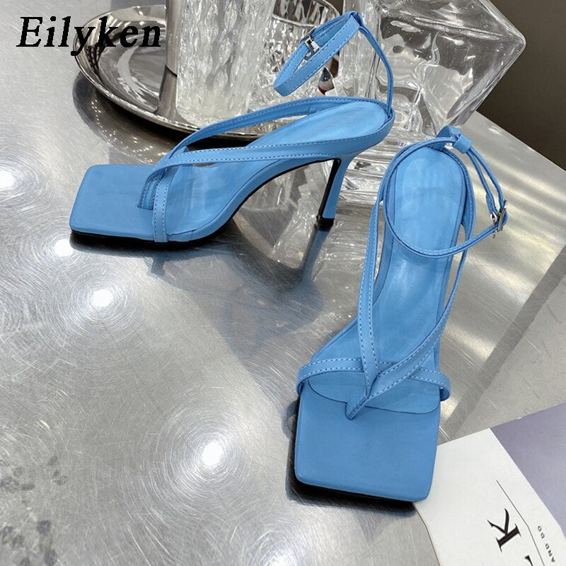 Fashion Ankle Buckle Strap Women Sandals Sexy Summer Square Head Clip Toes Flip Flops Thin High Heels Ladies Party shoes