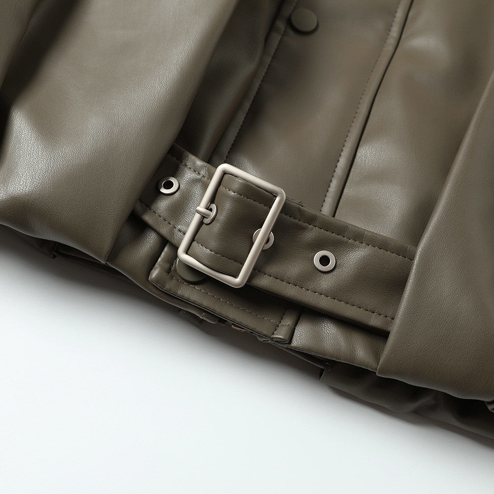 Cotton padded thick high neck PU leather jacket