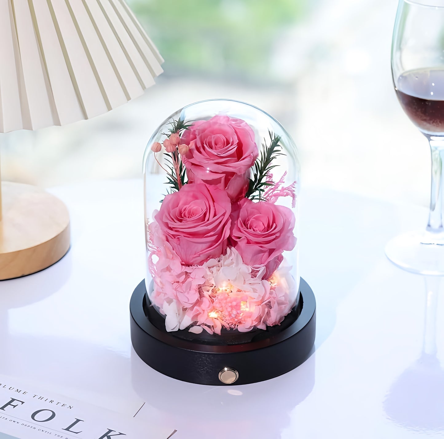 100% Real Preserved Flowers in Glass Dome with LED, Red Roses for Delivery