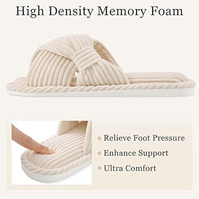 Evshine Womens Size 8/9 Cream Soft Corduroy Bow Slide On Open Toe Slipper Shoes