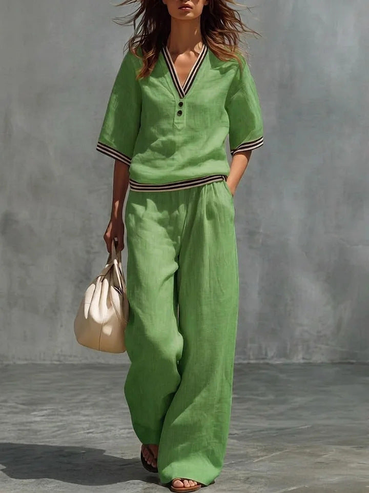 V-Neck Short-Sleeve Shirt & Pants Set – Cotton-Linen Two-Piece