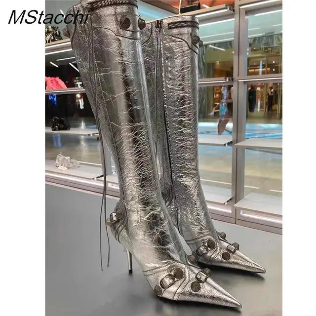 New Metal Rivet Women High Knee Boots Pointed Toe Thin Heels Designer Shoes Party Tassels Zipper-Sid Long Botas De Mujer