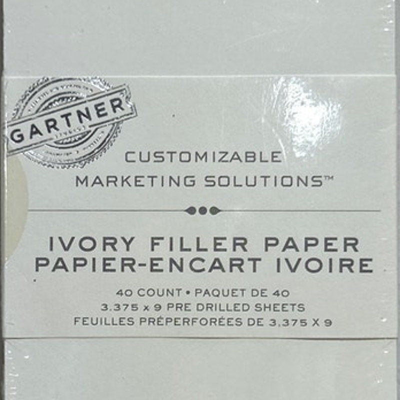 New Gartner Ivory Filler Paper 40ct 3.375" by 9" Pre Drilled Marketing Sheets