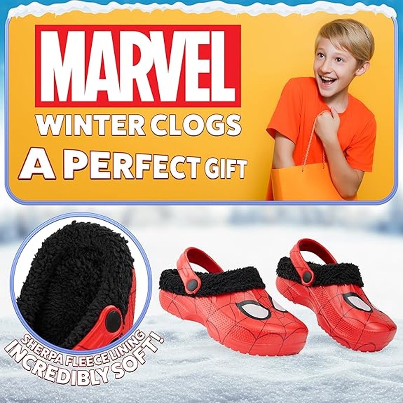 Marvel Spiderman Boys Size 3 Winter Clogs Fleece Lined Sandals House Shoes