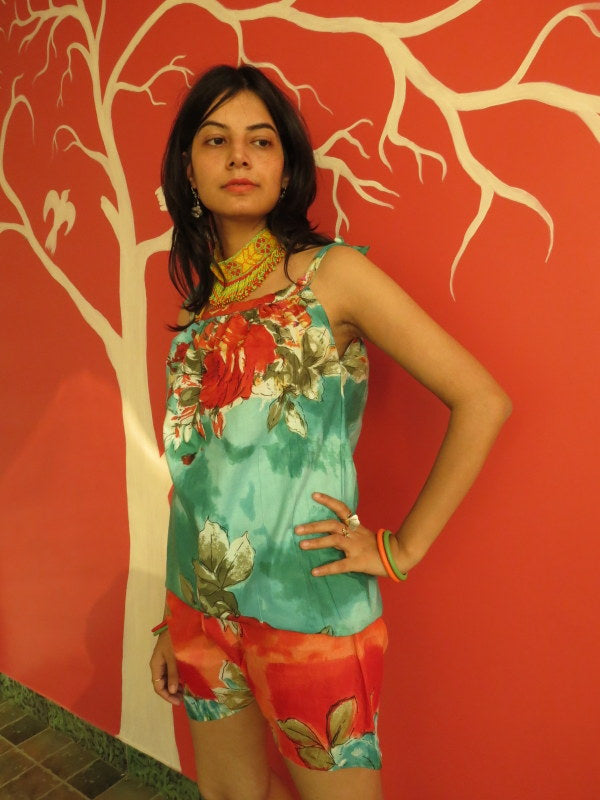 Red Teal Floral Shorts-1