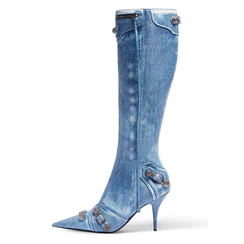 New Metal Rivet Women High Knee Boots Pointed Toe Thin Heels Designer Shoes Party Tassels Zipper-Sid Long Botas De Mujer