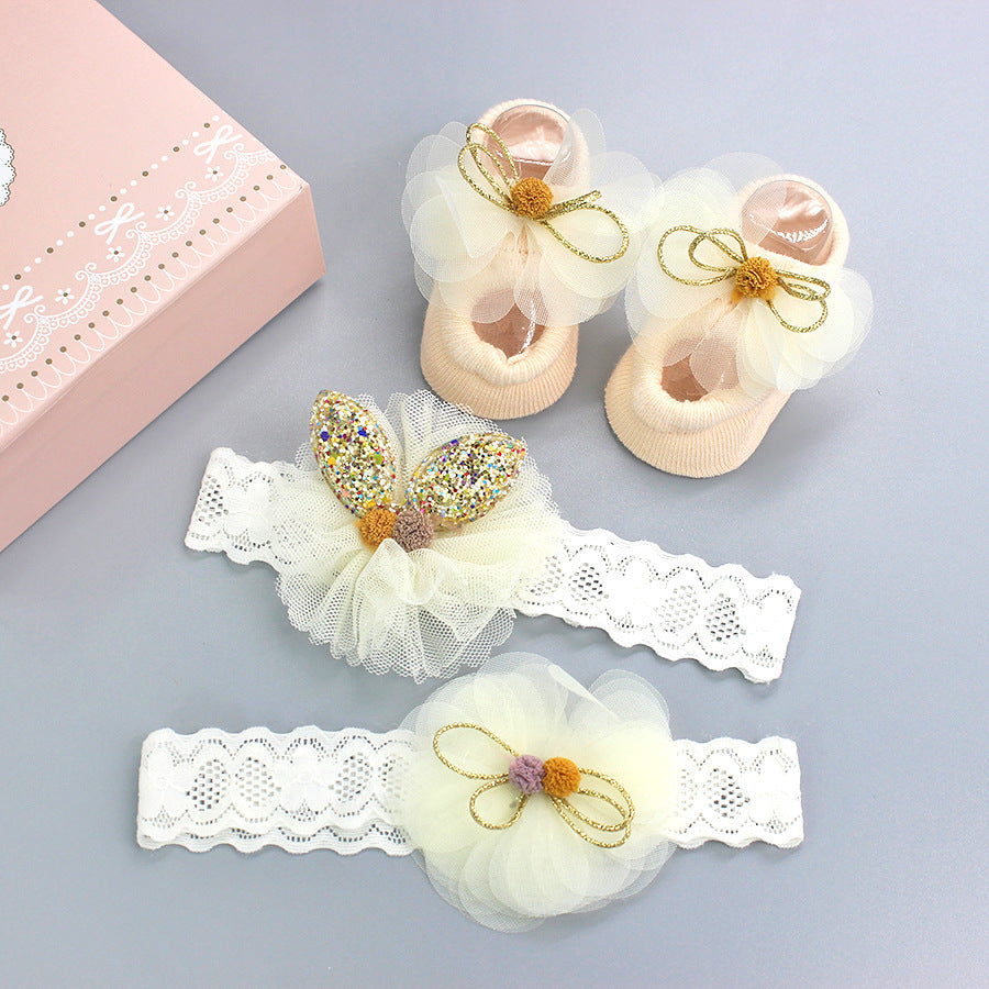 Flower Baby Girl Headband Socks Set Shoes With  Crown Bows Newborn Headbands For Girls Turban Baby Hair Accessories