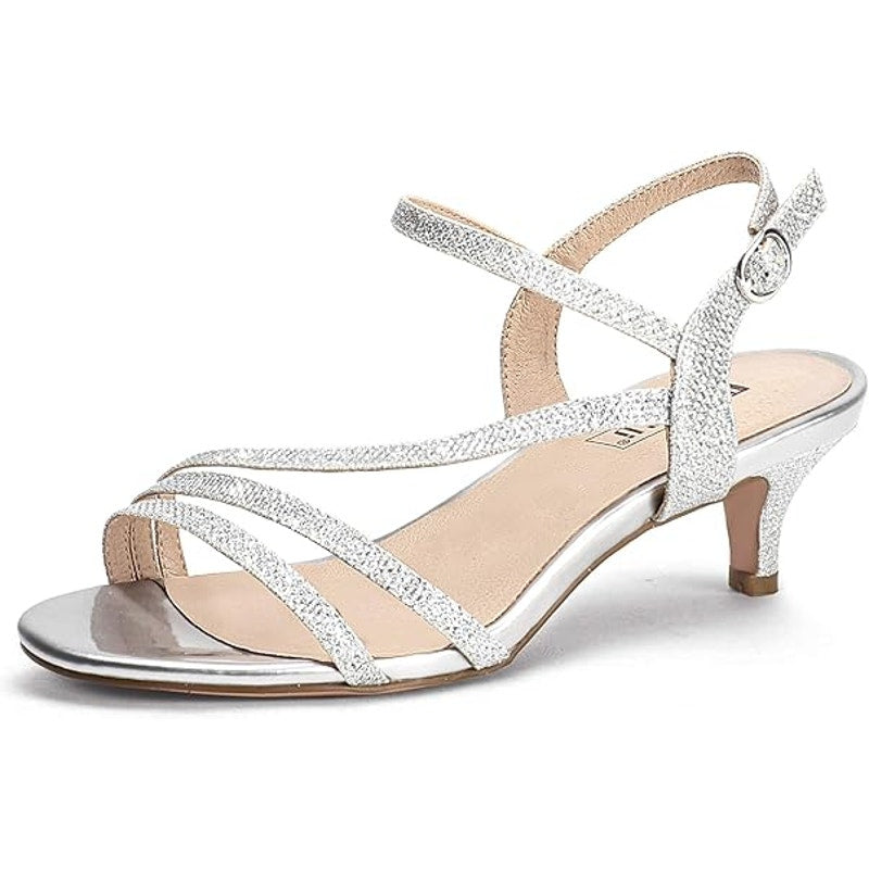 Idifu Womens Size 9 Silver Glitter Open Toe Buckle Strap 2.5" Heel Sandal Shoes