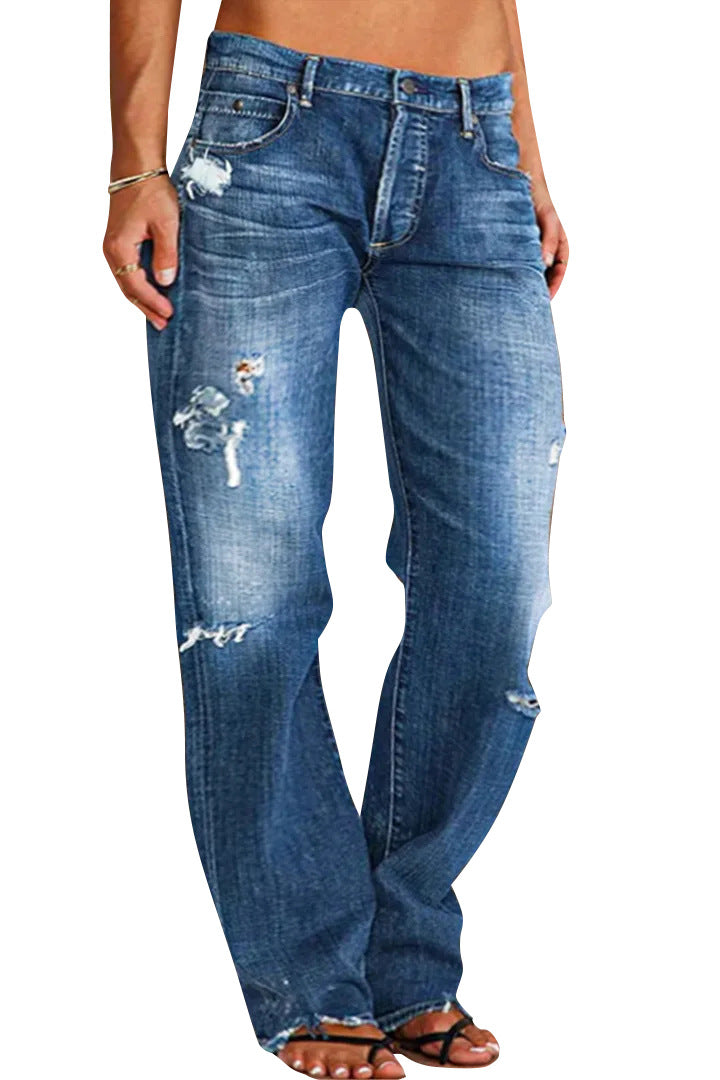 Ripped Jeans Loose Wide Leg Denim Pants Leisure Commuting Trousers Women's Clothing