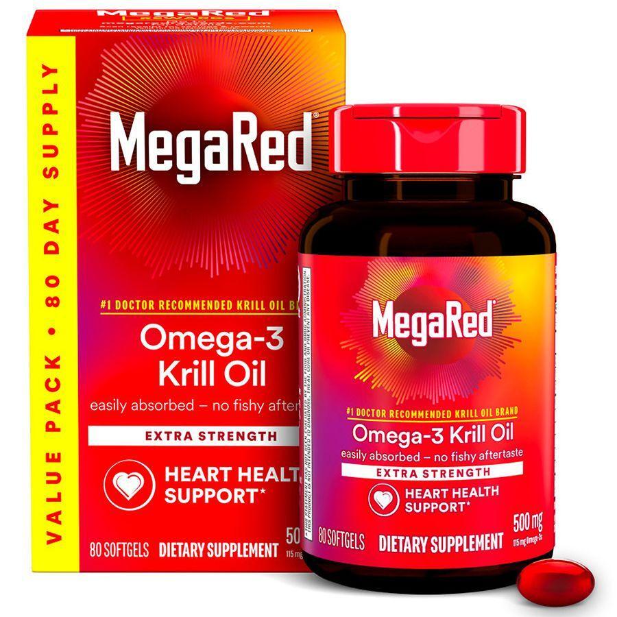 MegaRed Extra Strength Omega-3 Krill Oil 500mg - Heart Health Support, 80 Softgels